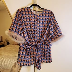 Zara Geo Print Silk Top with Fuzzy Sleeves